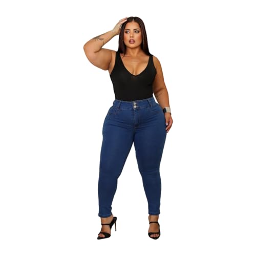 Calça Jeans Feminina Plus Size com Elastano Cintura Alta (BR, Cintura, 50, Slim, Regular, Azul)