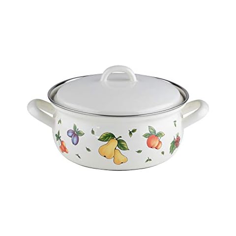 Riess, 0169-068 Casserole Dish with Lid 16, Country - Fruit Garden, Diameter 16 cm, Capacity 1.0 Litres, Height 12.8 cm, White with Fruit Decoration, Induction Cover