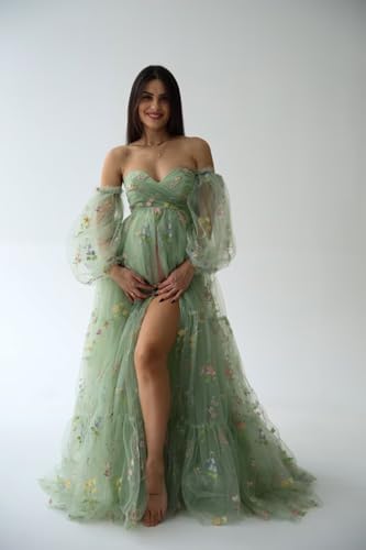 Wchecalino Flower Embroidery Tulle Maternity Dresses for Photoshoot Ruffles Puffy Sleeve Long Robes for Baby Shower2