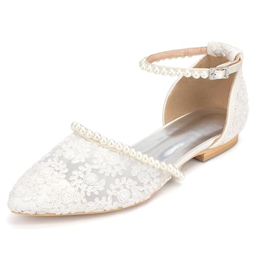 Women's Pearl Lace Ivory Pointed Toe Wedding Flat Bride Dress Shoes