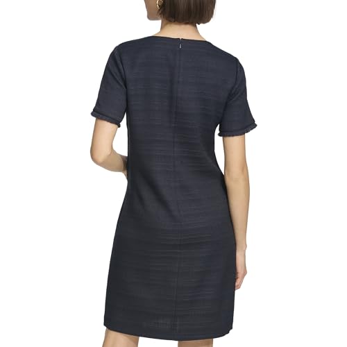 Image of Tommy Hilfiger Women's Pleated Trim Short Sleeve High Neck Shift Mini Dress
