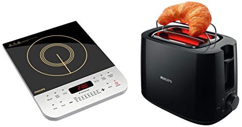 Image of Philips Viva Collection HD4928 /01 2100-Watt Induction Cooktop (Black) & Daily Collection HD2583 /90 600-Watt 2 in 1 Toaster and Grill (Black) Combo