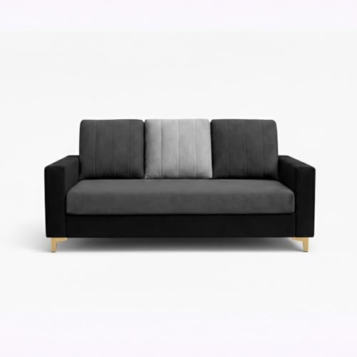 Image of Hendrick Plush Velvet 3 Seater + 2 Seater Sofa Set with 2 Ottoman | Silken Velvet Upholstery | Golden Legs | Designer Set for Living Room & Office Spaces (Black, Dark Grey & Light Grey)