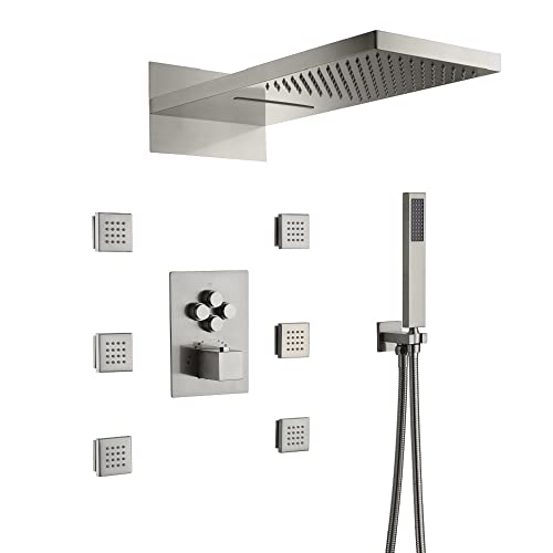 Sistema de Ducha Rectangular Cascada 9"x22” con Mango Único y 4 Botones, 4 Funciones (Lluvia, Cascada, Jets de Cuerpo y Ducha de Mano) Acabado Níquel Cepillado miniatura 1
