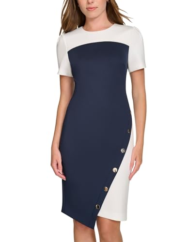 Image of Tommy Hilfiger Women's Short Sleeve Jewel Neck Colorblock Studded Asymmetrical Hem Crepe Mini Dress
