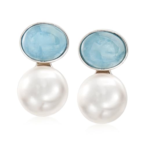 Ross-Simons 13.5-14mm Cultured Pearl and 10.00 ct. t.w. Aquamarine Earrings in Sterling Silver