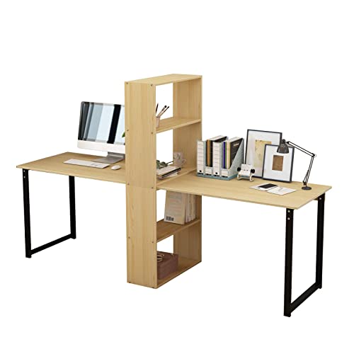 Sogespower 2-Person Computer Desk With Bookcase Shelf, 88.2" Double Computer Desk For 2 Writing Desk Large Home Office Desk Workstation, Maple #TOP6