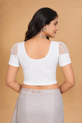 Image of SFT Women's Organza Patch Readymade Saree Blouse with Round Neck Half Sleeves Abstract Pattern Pull On Closure Regular Fit and Standard Length