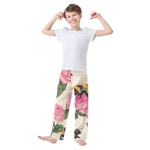 ZZXXB Bee Rose Flowers Boys Long Pants Soft Trousers Elastic Waist Kids Lounge Bottoms with Pockets S-XL3