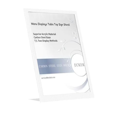 ECKEK Carbon Steel Sign Holder, Slanted Menu Displays, Table Top Sign Stand (L Shape White A5 148×210mm/ 5.83×8.27 inches)
