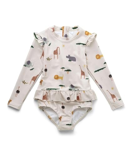 Image of Girls One Piece Swimsuits Zipper Rash Guard Long Sleeve Bathing Suit with Ruffle Hem UPF50+