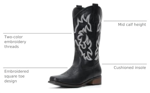 Image of IUV Cowboy Boots For Women Square Toe Wide Mid Calf Western Pull On Suede Fashion Black Brown Cowgirl Boots