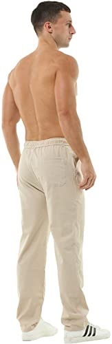 HOEREV Men Casual Strandhosen Leinen Hose- Gr. L (Taille 36-38 zoll), Beige