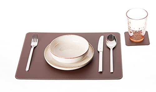 Nikalaz Set Of Small Brown Placemats And Coasters, 4 Table Mats And 4 Coasters, Recycled Leather, Place Mats 15.75'' X 11.8'' And Coasters 3.9'' X 3.9'' #TOP2