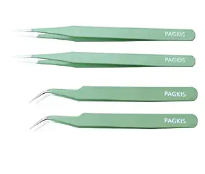 PagKis ESD Safe Anti-Static Tweezers (Green, Pack of 4, Straight & Curved Pointed)