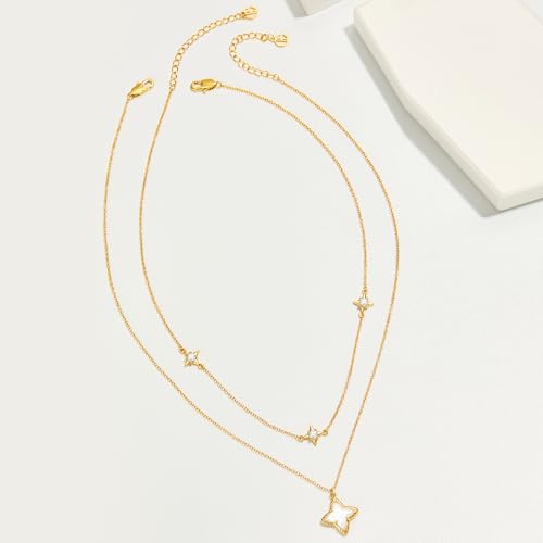 Cicy Bell Womens Four Point Star Necklace Sets Double Layer Chain 18k Gold Plated Cubic Zirconia Mother of Pearl Lucky Pendant Necklace3