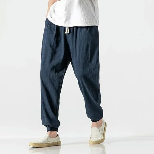 Linen Harem Pants Men Solid Elastic Waist Streetwear Joggers Baggy Drop-Crotch Pants Men Casual Trousers3