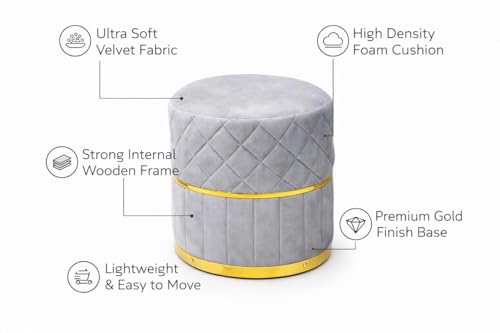 Image of Premium Velvet Puffy Ottoman Stool for Living Room, Bedroom and Dressing Area | Round Footrest with Diamond Quilting and Gold Base | Soft, Stylish and Durable Seating (Silver Grey)