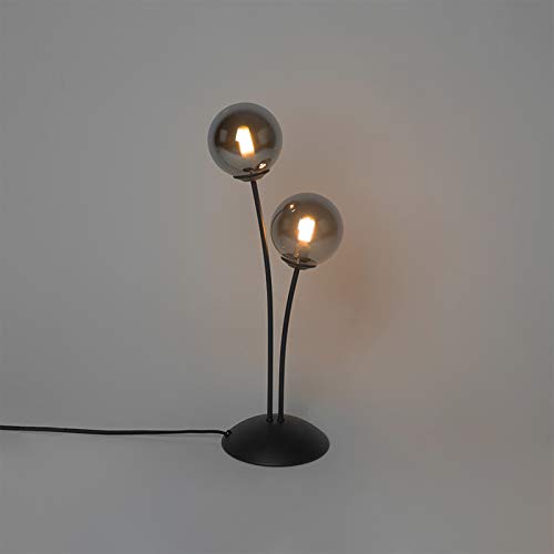 Qazqa Modern Tischleuchte mit Glas, Tischlampe - Athens - Schwarz mit Rauchglas, max. 28W, Geeignet für LED, 48cm, Ideal als Küche lampe, Schlafzimmerlampe und Wohnzimmerlampe