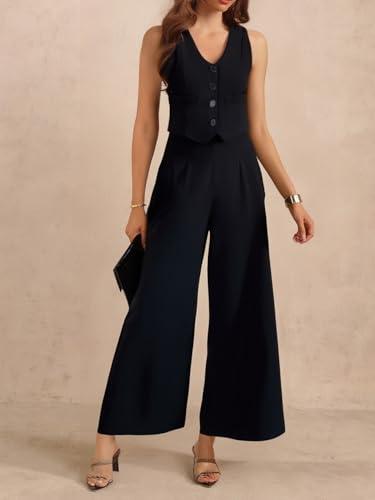 Women's 2 Piece Business Casual Outfit Button Down V Neck Vest Top and Wide Leg Pants Set4