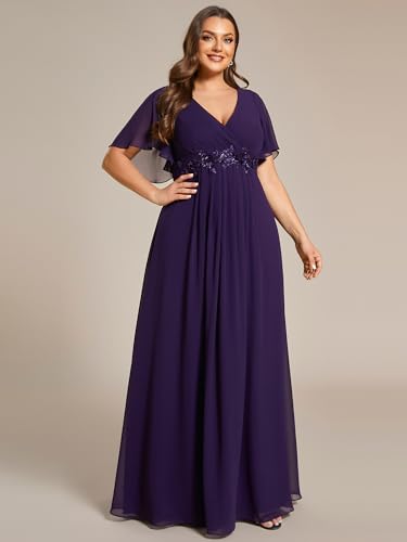 Image of Ever-Pretty Short Sleeves V Neck Plus Size Formal Dresses for Curvy Women Chiffon Mother of The Bride Dress Evening Gowns