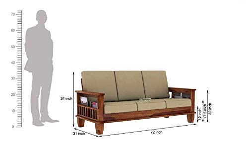 Image of Solid Sheesham Teak Wood Wooden 5 Seater Sofa Set Without Pillow | Cream Cushions | Honey Finish