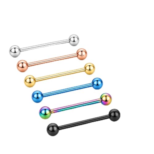Trifletopia 6PCS Tongue Bars 316L Stainless Steel Tongue Rings with 5mm Balls 1.6×16mm Barbell Piercing Jewelry for Men & Women Multi-Color