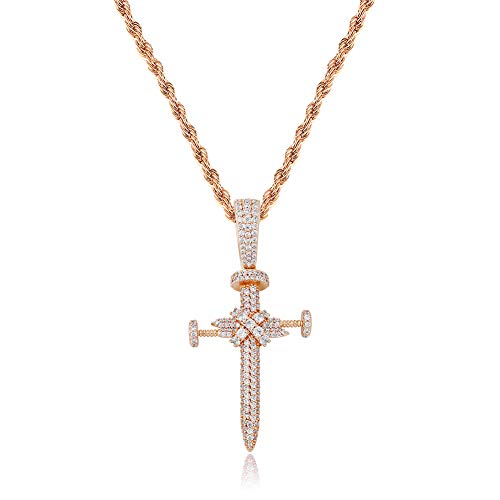 JINAO Hip Hop Iced Out CZ Nail Cross Necklace 18K Gold Plated Simulated Diamond Pendant for Men