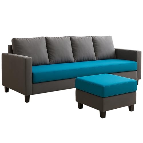 Image of FURNY Arnold 5 Seater L Shape Sofa Set with Movable Ottoman | Flexible Left or Right Layout | Plush Velvet Fabric (Dark Grey-Aqua Blue) | Perfect for Living Room, Guest Room & Office