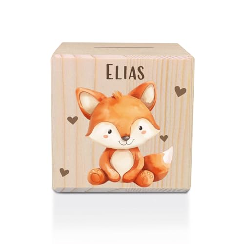 GRAVURZEILE Tirelire en bois imprimée avec serrure en métal - Animaux Enfants Renard - Personnalisée avec un nom - Cadeau pour filles et garçons à la...