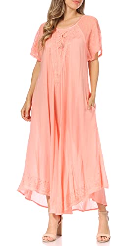 Image of Sakkas Egan Long Embroidered Caftan Dress /Cover Up with Embroidered Cap Sleeves