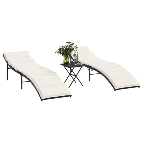 JHQHSM Juego de 2 tumbonas de poliratán negro con mesa, muebles de jardín de ratán sintético con respaldo ajustable y cojines acolchados, resistentes a la intemperie