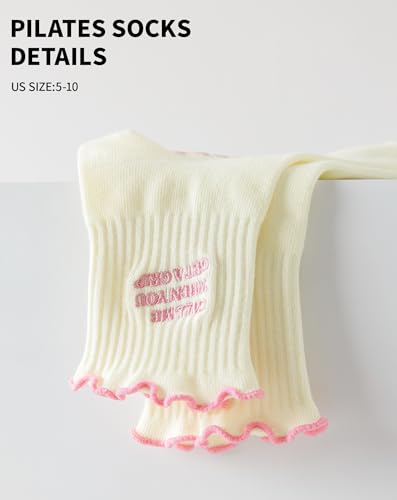 Image of Yawlsow Cute Pilates Grip Socks for Women Ruffle Frilly Yoga Socks Non Slip Cotton Crew Grippy Sock for Barre Workout