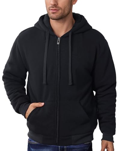 unbowirtu Men's Zip Up Hoodie Heavyweight Winter Jacket Essential Fleece Sherpa Lined Warm Sweatshirt Fashion Drawstring Coat Black Large