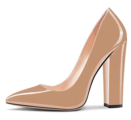 Aachcol Women Pumps Chunky Block High Heel Pointed Toe Slip-on Office Dress Shoes Classic 5 Inch2