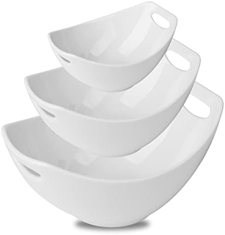 Gomakren Porcelain Serving Bowl Set with Handles Set of 3, Serving Dishes Salad Bowls Mixing Bowl Set for Entertaining, Nesting Bowl Set, Dishwasher Oven Safe White Serving Bowl Housewarming Gifts