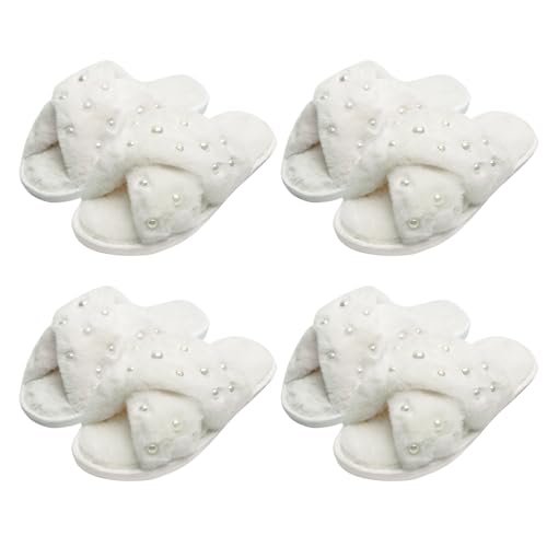 4 Pairs Women's Fuzzy Slippers, White, One Size, Pearl Embellished, Open Toe, Soft Plush, Non-Slip, Wedding & Party Gifts