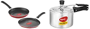 Pigeon Aluminium Nonstick Duo Pack Flat Tawa 250 and Fry Pan 200 Gift Set (Red) by Stovekraft 12091 Favourite Aluminium Induction Base Pressure Cooker with Inner Lid, 3 litres, Silver