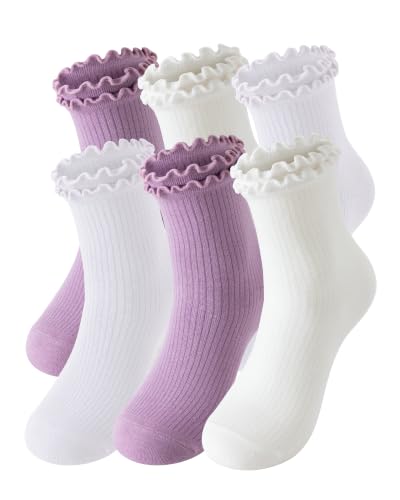 Image of DQCUTE Women's Ruffled Ankle Boot Socks - Soft Knit Cotton Lettuce Trim Crew Socks for Teen Women 6 Pairs