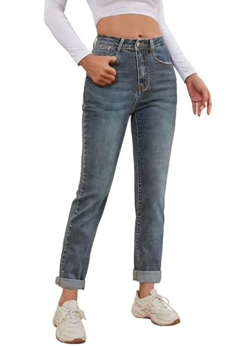 Alaster Queen Jeans Damen Classic Bequeme Mid Waist Freizeit Denim Simple Boyfriend Jeans Damen Mittelblau M