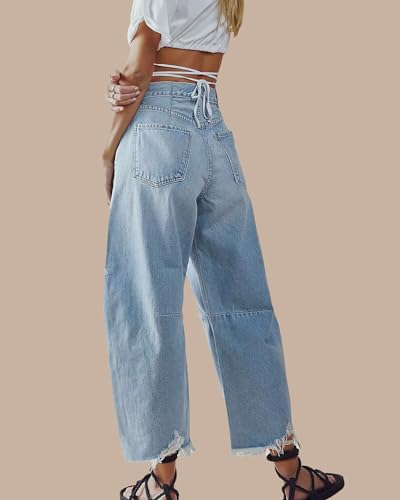 LifeShe Women's Baggy Wide Leg Barrel Jeans Casual Loose Boyfriend Raw Hem Denim Pants Light Blue2