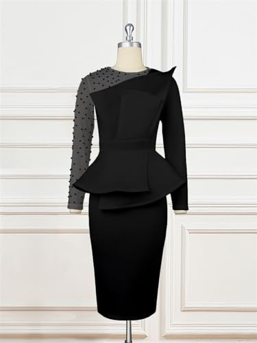 Women's Elegant Mesh Long Sleeve Office Work Dress Fashion Solid Color Ruffled High Waist Bodycon Midi Pencil Dress2