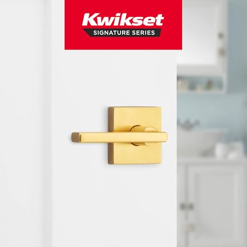 Image of Kwikset Halifax Interior Square Privacy Door Handle with Lock, Door Lever for Bathroom and Bedroom, Satin Brass, Reversible Keyless Push Button Lock Door Lever, 4 Pack