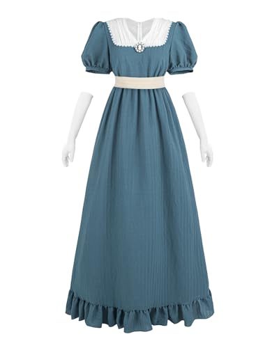 FCCAM Regency Kleid Damen Vintage Maxikleid mit Puffärmeln – Empire Stil Sommerkleid mit Taillengürtel & Brustbrosche – Cosplay Ballkleid mit...