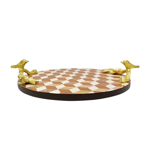 Image of Wooden Circular Round Tray Patch Work Solid Wood with Metal Gold Handle Tray For Kitchen | Heavens Craft | Serving Trays | Wooden Tray | Kitchen & Dining Decorative Tray(Round Orange)