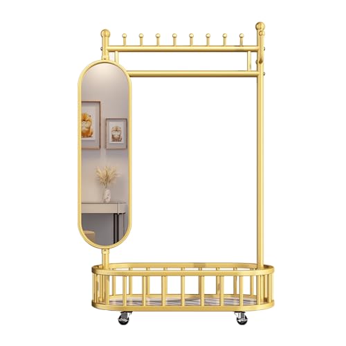ZzERTE Burro Ropa Con Espejo & Ruedas,Perchero Burro De Metal Con Estante De Almacenamiento,Perchero Recibidor De Metal,Para Dormitorio, Sala De Estar(Gold,60cm/23.6in)