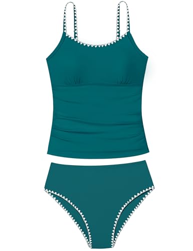 Image of Girls Swimsuit Solid Color Tankini Contrast Trim Swimwear 2 Piece Bathing Suit Padded Swimsuits for Teens 9-16Y