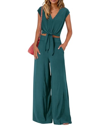Image of PRETTYGARDEN Women's Summer 2 Piece Outfits 2026 Cap Sleeve V Neck Belted Crop Tops Wide Leg Pant Sets Casual Tracksuit