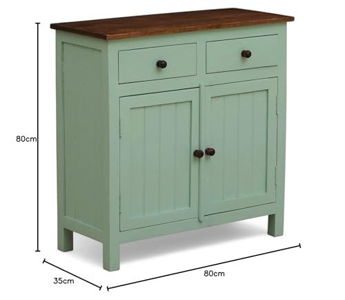 Image of Solid Wood Sideboard Cabinet | 2 Drawers | Scratch-Resistant Tubaq Top with Sage Green Finish | Stylish Storage for Living Room Decor