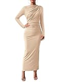 BTFBM Women Bodycon Maxi Dress Long Sleeve Back Slit Ruched Elegant Party Cocktail Formal Fall Wedding Guest Dresses(Beige, Medium)